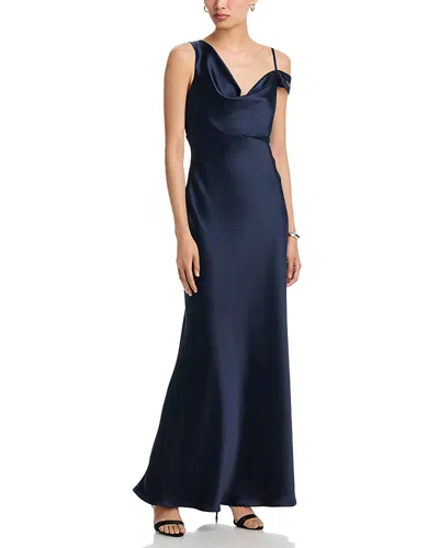 Aqua Long Satin One Shoulder Gown - Exclusive In Blue