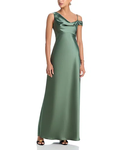 Aqua Long Satin One Shoulder Gown - Exclusive In Green