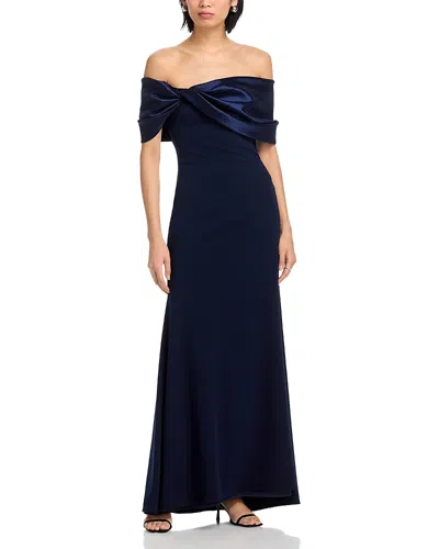 Aqua Long Scuba Crepe Off-the-shoulder Taffeta Gown - Exclusive In Blue