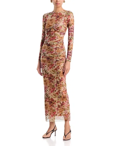 Aqua Mesh Long Sleeve Midi Dress - Exclusive In Brown