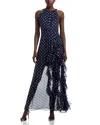 Aqua Metallic Crescent Chiffon Ruffle Gown - Exclusive In Navy/copper