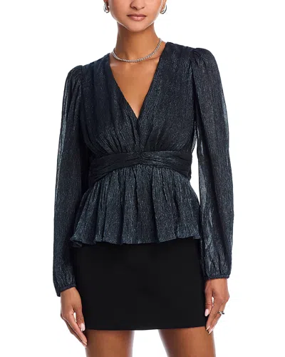 Aqua Metallic V Neck Long Sleeve Top - Exclusive In Navy