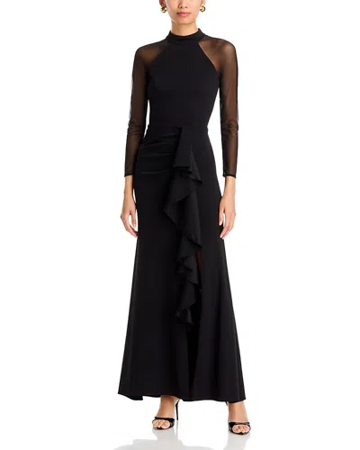 Aqua Mock Neck Mesh Sleeve Gown - Exclusive In Black