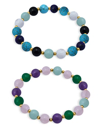 Aqua Multicolor Glass Stone Beaded Stretch Bracelets In 18k Gold Plated Sterling Silver, Set Of 2 - Exclu In Gold/multi