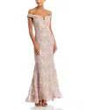 Aqua Off-the-shoulder Embellished Lace Gown - Exclusive In Brown