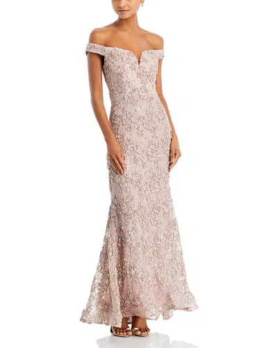 Aqua Off-the-shoulder Embellished Lace Gown - Exclusive In Brown