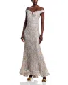 Aqua Off-the-shoulder Embellished Lace Gown - Exclusive In Gold/silver