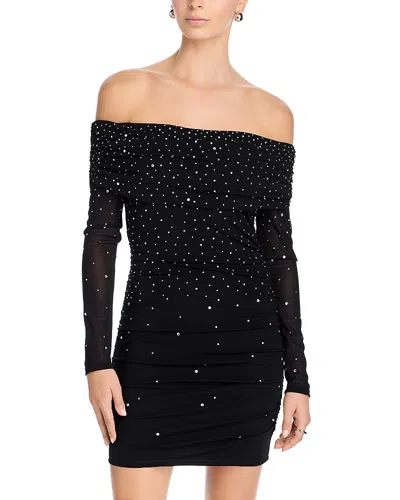 Aqua Off-the-shoulder Embellished Mini Dress - Exclusive In Black