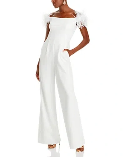 Aqua Off-the-shoulder Feather Trim Jumpsuit - 100% Exclusive In Ivory