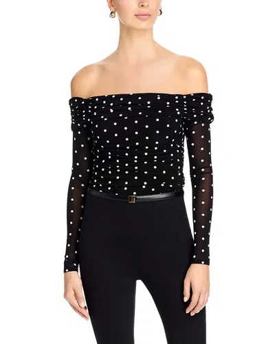 Aqua Off The Shoulder Polka Dot Mesh Top - Exclusive In Black
