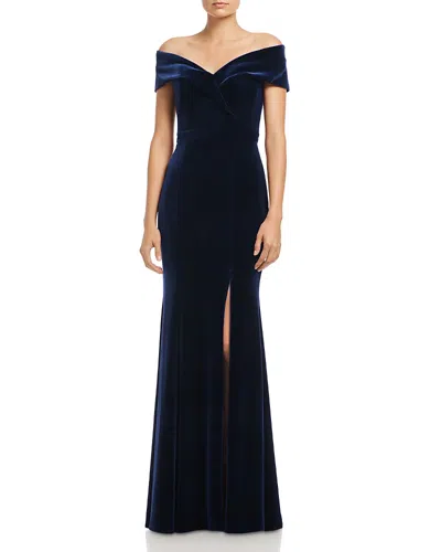 Aqua Off-the-shoulder Fluted Velvet Gown - Exclusive In Blue