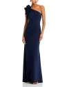 Aqua One Shoulder Ruffle Crepe Gown - Exclusive In Navy