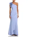 Aqua One Shoulder Ruffle Crepe Gown - Exclusive