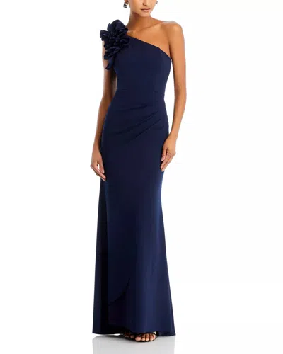 AQUA ONE-SHOULDER RUFFLE GOWN IN NAVY