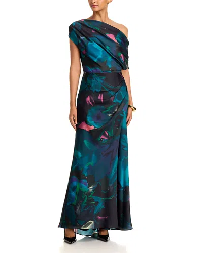 Aqua One Shoulder Satin Column Gown - Exclusive In Green