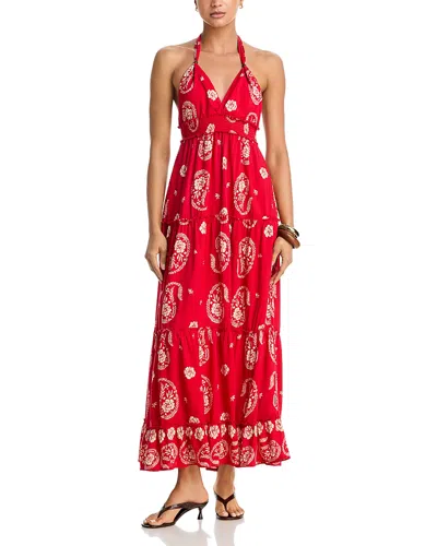 Aqua Paisley Halter Smocked Maxi Dress - Exclusive In Red