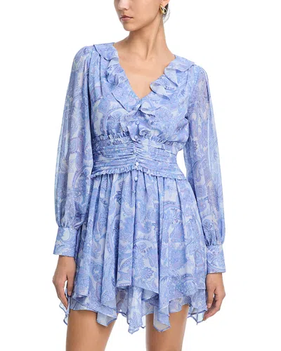 Aqua Paisley Long Sleeve Gathered Mini Dress - Exclusive In Blue