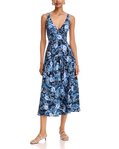 Aqua Paisley Print V Neck Drop Waist Midi Dress - Exclusive In Multi