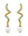 AQUA PAVE & CULTURED FRESHWATER PEARL SWIRL LINEAR DROP EARRINGS IN 18K GOLD PLATED STERLING SILVER - 100