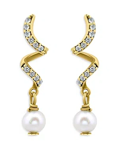 Aqua Pave & Cultured Freshwater Pearl Swirl Linear Drop Earrings In 18k Gold Plated Sterling Silver - 100 In White/gold