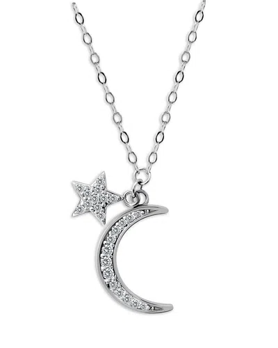 Aqua Pave Cubic Zirconia Moon & Star Charm Necklace In Sterling Silver Or 18k Yellow Gold Plated Sterling