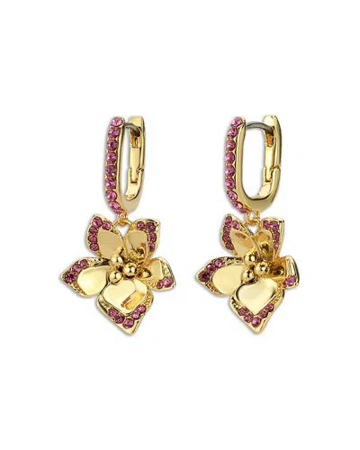Aqua Pave Flower Huggie Drop Earrings - Exclusive In Pink/gold