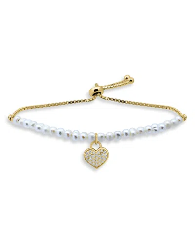 Aqua Pave Heart Charm Cultured Freshwater Pearl Beaded Slider Bracelet - Exclusive In White