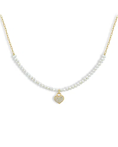 Aqua Pave Heart Cultured Freshwater Pearl Beaded Pendant Necklace, 16-18 - Exclusive In White