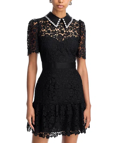 Aqua Pearl Trim Short Sleeve Lace Mini Dress - Exclusive In Black