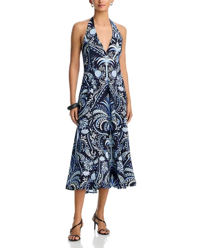 Aqua Pineapple Palm Poplin Halter Midi Dress - Exclusive In Multi