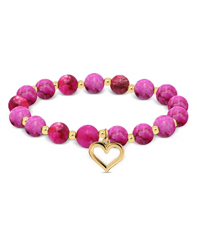 Aqua Pink Agate Beads & Heart Charm Stretch Bracelet - Exclusive In Dark Pink