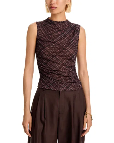 Aqua Plaid Mesh Sleeveless Top - Exclusive In Brown