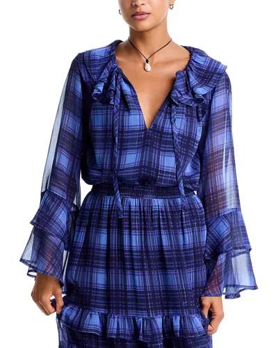 Aqua Plaid Ruffled Tie Neck Blouse - Exclusive In Blue Multi