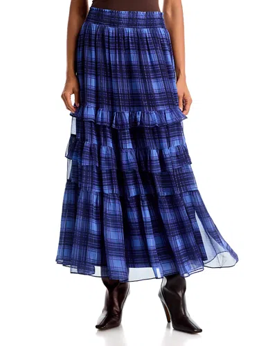 Aqua Plaid Ruffled Tiered Maxi Skirt - Exclusive In Multi