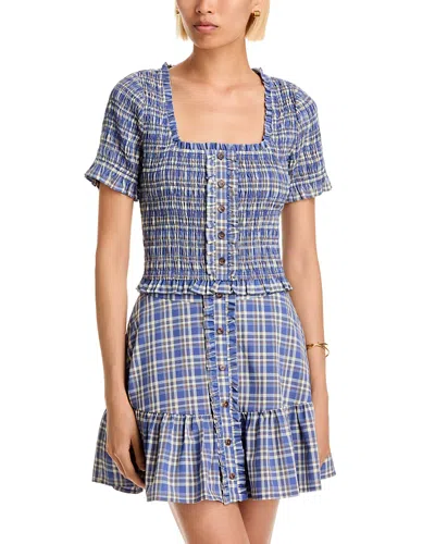 Aqua Plaid Short Sleeve Smocked Top - Exclusive In Blue