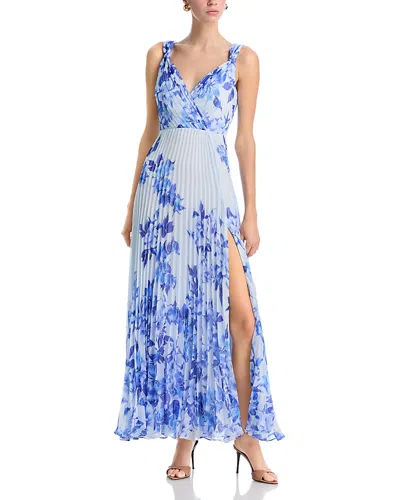 Aqua Pleated Floral Guest Of Dress - Exclusive In Blue