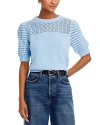 AQUA POINTELLE KNIT PUFF SLEEVE SWEATER- 100% EXCLUSIVE