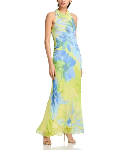 Aqua Printed Chiffon Maxi Dress In Citrine