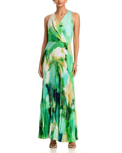 Aqua Printed Surplice Neck Pleated Gown - Exclusive In Green