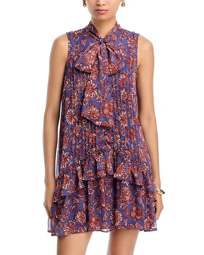 Aqua Printed Tie Neck Ruffle Dress - Exclusive In Blue