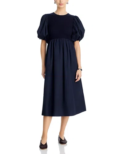 Aqua Puffed Sleeve Midi Dress - Exclusive In Blue