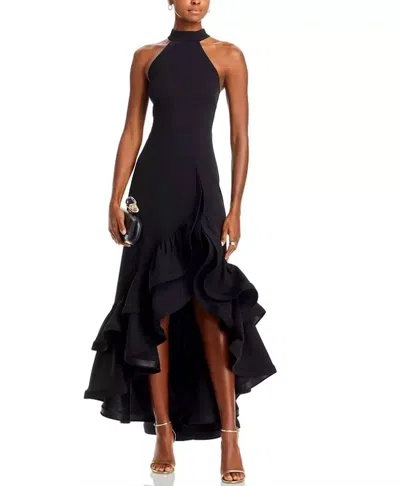 AQUA RACERBACK SLEEVELESS RUFFLE HEM GOWN IN BLACK