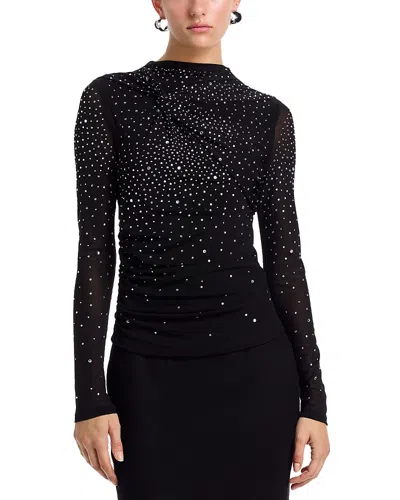 Aqua Rhinestone Mesh Jersey Long Sleeve Top - Exclusive In Black