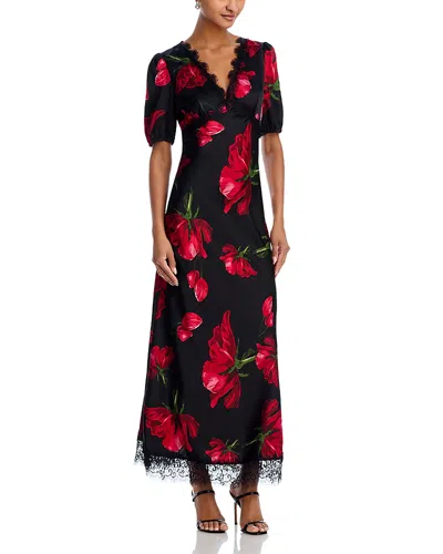 Aqua Rose Print Lace Trim Maxi Dress - Exclusive In Black/red