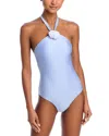 Aqua Rosette Halter Neck One Piece Swimsuit- Exclusive In Light Blue