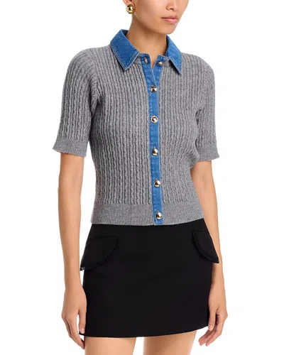 Aqua Rosie Denim Contrast Cable Knit Cardigan Sweater - Exclusive In Heather Grey