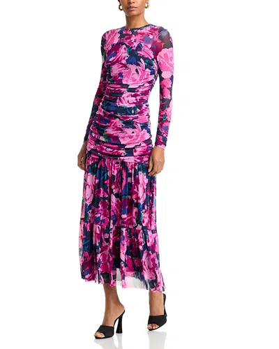 Aqua Ruched Mesh Dress - Exclusive In Navy/pink