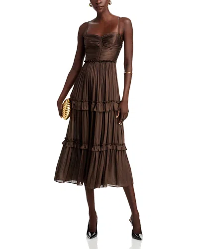 Aqua Ruched Ruffled Midi Dress - Exclusive In Brown