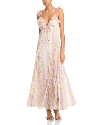 Aqua Ruffled Floral Flutter Sleeve Gown - Exclusive In Pink/yellow