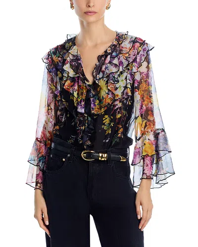 Aqua Ruffled Floral Print Top In Black Multi